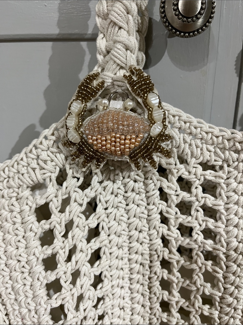Large Off White Woven Macrame Beach Bag NWOT